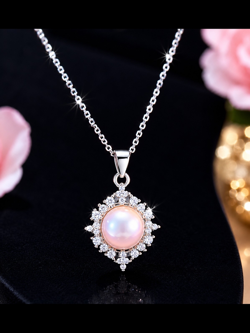 Elegant Pink Pearl Halo Pendant Necklace | Silver Plated | Rhinestone Accent |